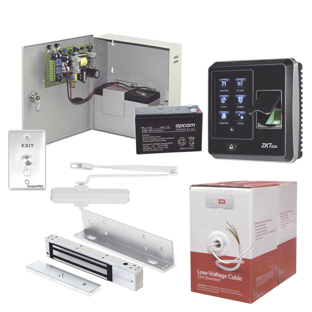 Sistema Completo de Acceso, Incluye Lector Biometrico SF300, Chapa magnética con bracket, Cierra puerta, Botón de Salida, Cable " Gratis ", y fuente profesional con Batería