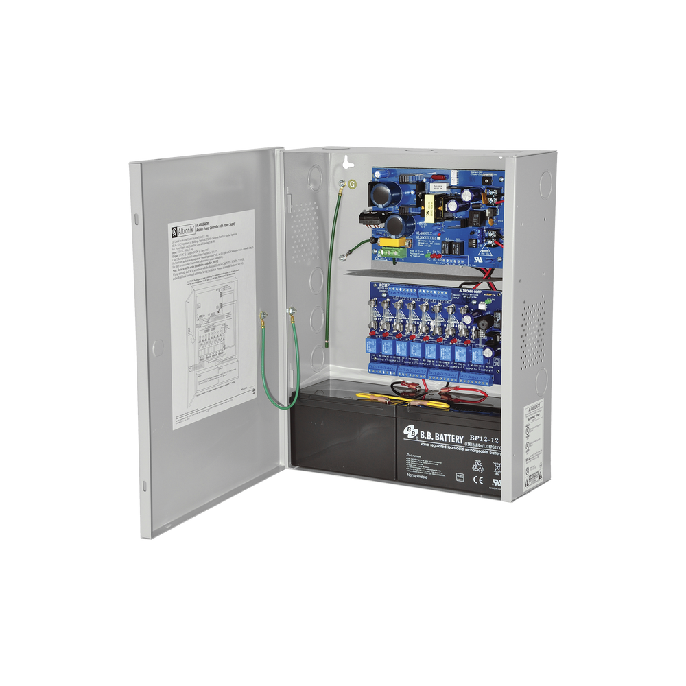 Fuente para aplicaciones en control de acceso, y detección de incendio, con capacidad de respaldo para 12 y 24 Vcd @ 4 A , con 8 circuitos de control ( NO ) y 8 circuitos de control trigger voltaje de entrada de : 115 Vca.