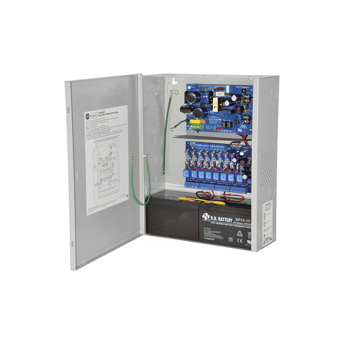 Fuente para aplicaciones en control de acceso, y detección de incendio, con capacidad de respaldo para 12 y 24 Vcd @ 4 A , con 8 circuitos de control ( NO ) y 8 circuitos de control trigger voltaje de entrada de : 115 Vca.