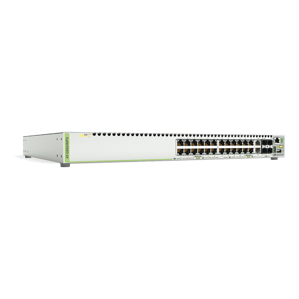 Switch PoE+ Stackeable Capa 3, 24 puertos 10/100/1000 Mbps + 2 puertos SFP Combo + 2 puertos SFP+ 10 G Stacking, 370 W