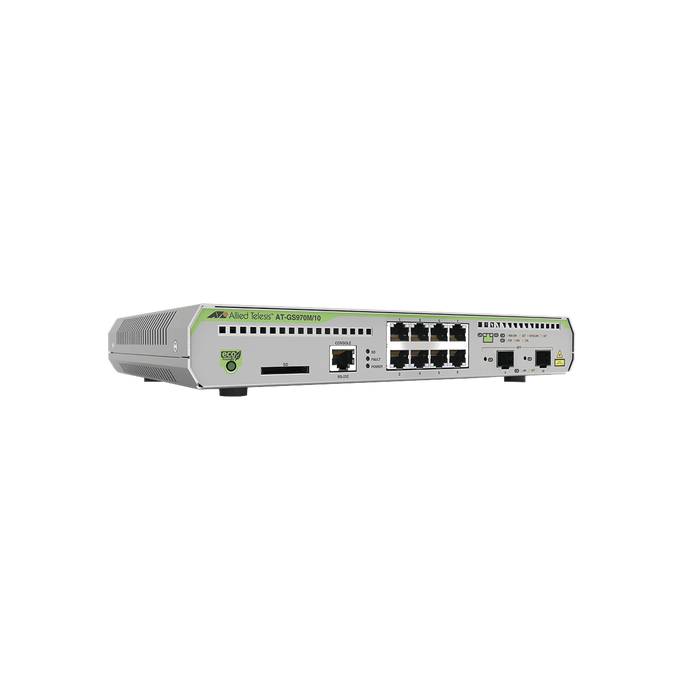 Switch Administrable CentreCOM GS970M, Capa 3 de 8 Puertos 10/100/1000 Mbps + 2 puertos SFP Gigabit