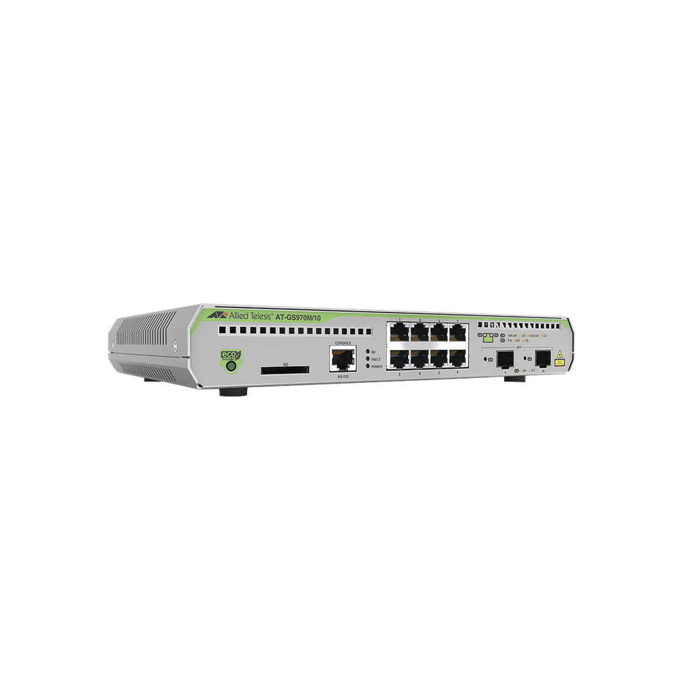 Switch PoE+ Administrable CentreCOM GS970M, Capa 3 de 8 Puertos 10/100/1000 Mbps + 2 SFP Gigabit, 124 W