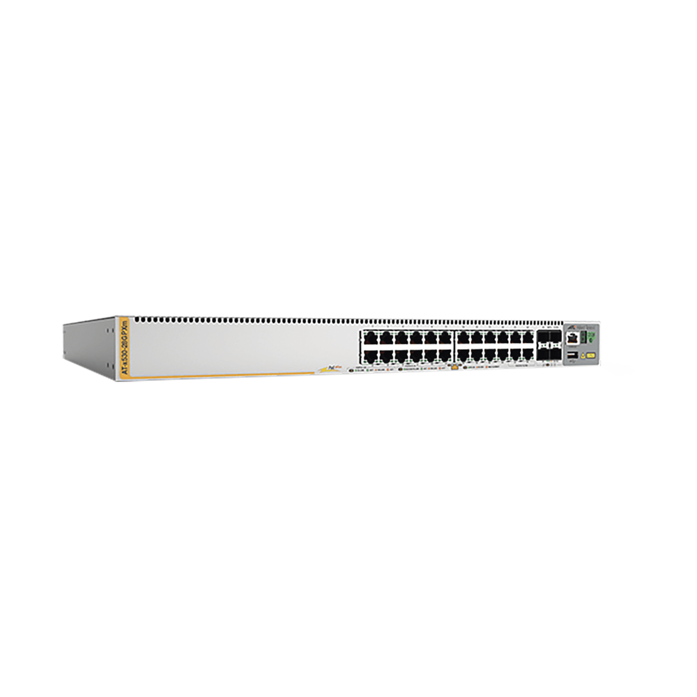 Switch PoE+ Stackeable Capa 3, 24 puertos 10/100/1000 Mbps + 4 puertos SFP+ 10 G, hasta 720 W, fuente redundante