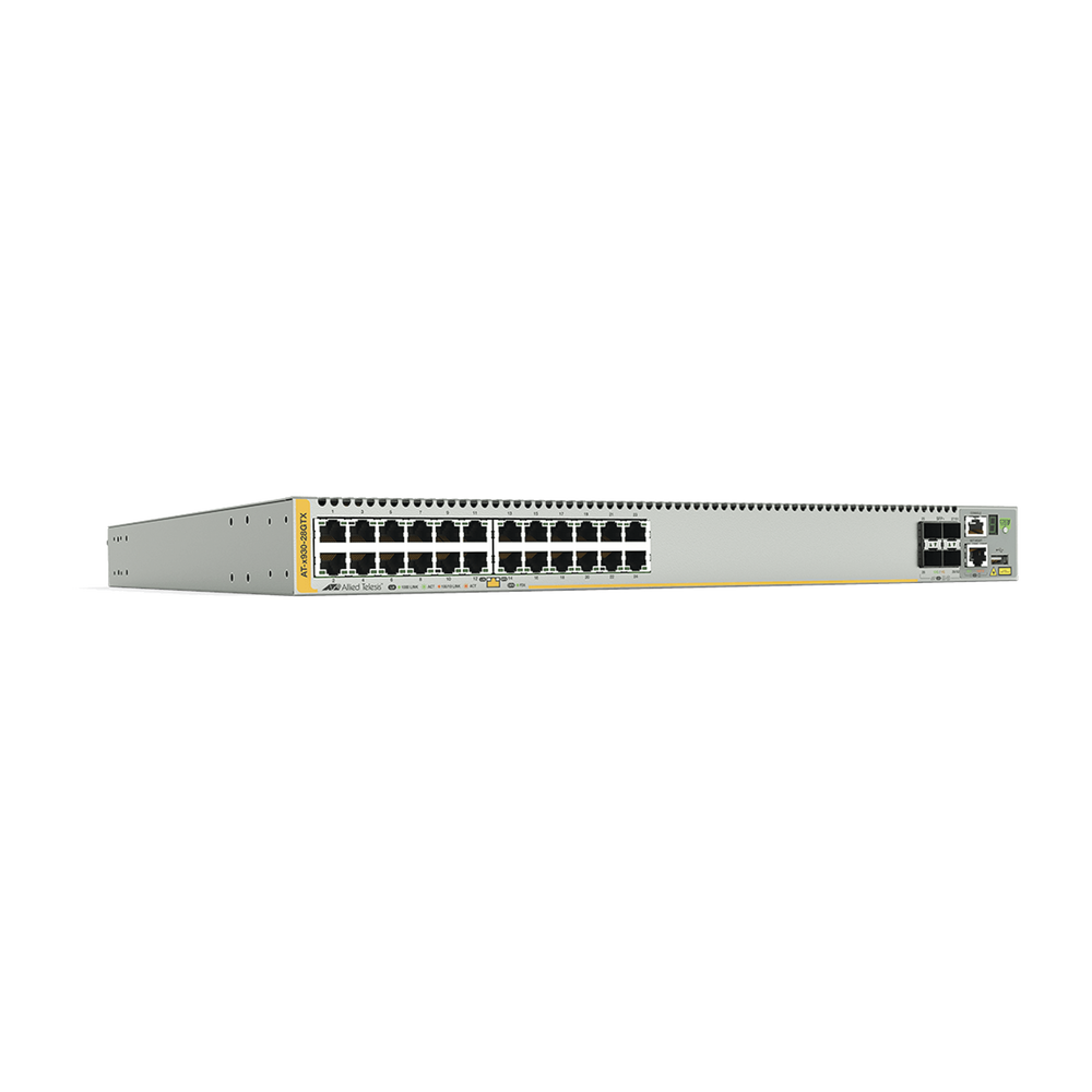 Switch Stackeable Capa 3, 24 puertos 10/100/1000 Mbps + 4 puertos SFP+ 10 G y dos bahías hotswap PSU, Versión Federal