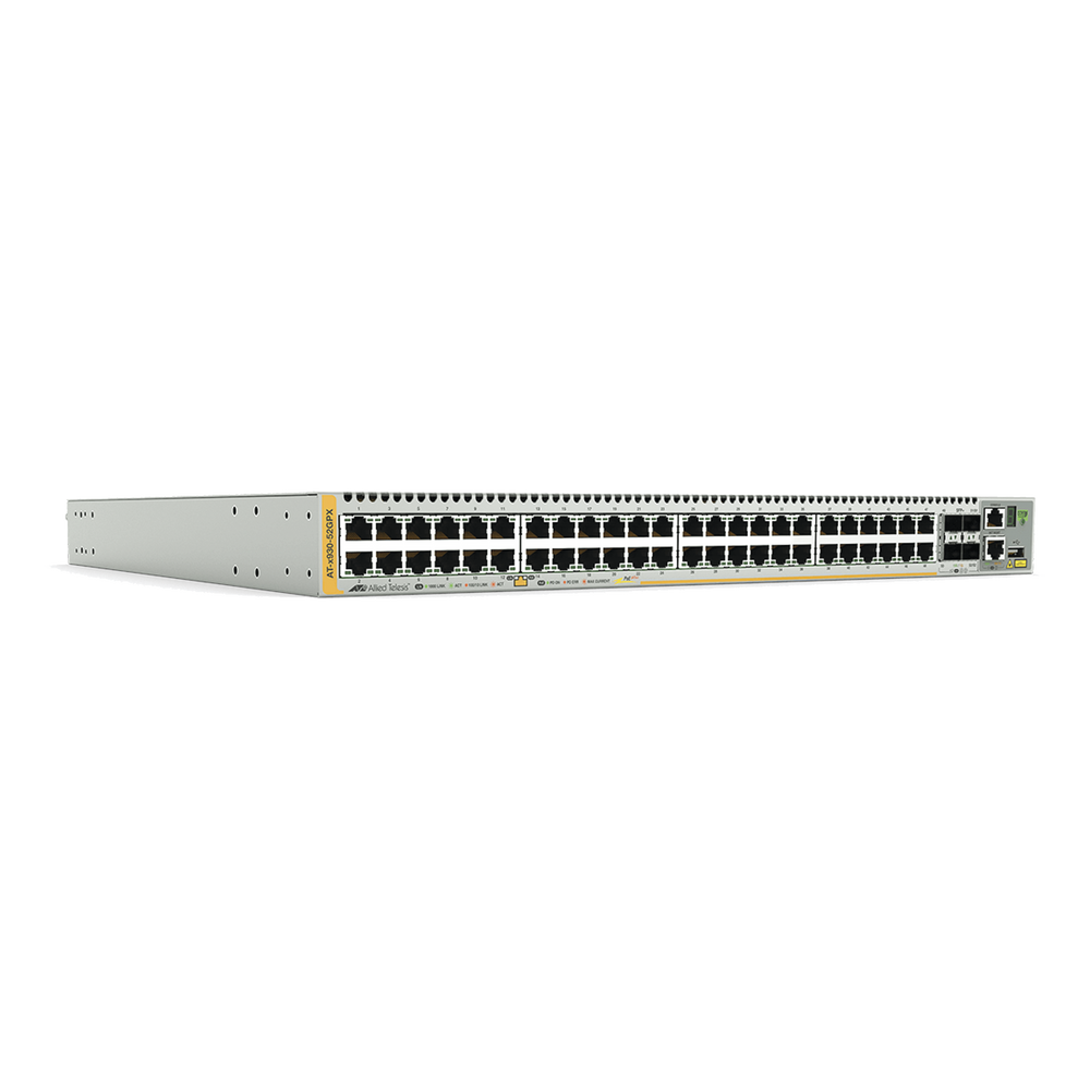 Switch PoE+ Stackeable Capa 3, 48 puertos 10/100/1000 Mbps + 4 puertos SFP+ 10 G y dos bahías hotswap PSU, Versión Federal