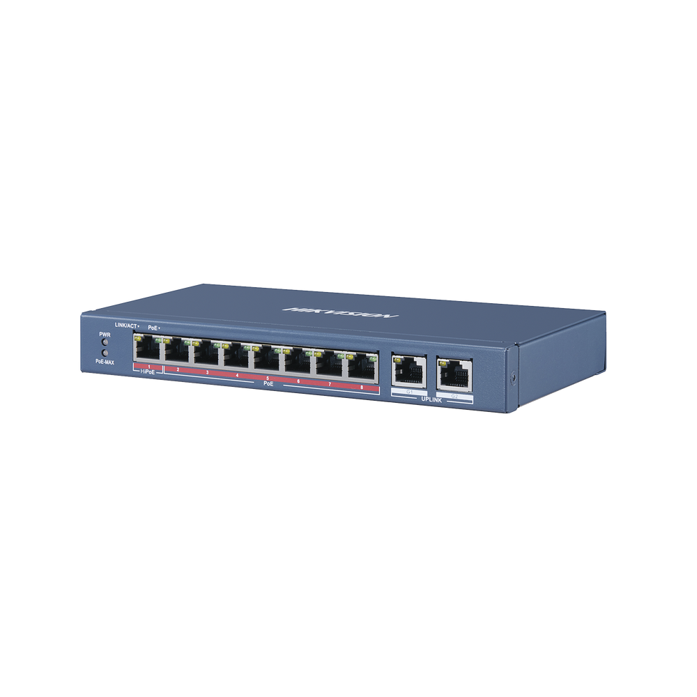 Switch PoE+ / 7 Puertos 100 Mbps 802.3 af/at (30 W) + 1 Puerto 100 Mbps HiPoE (60 W) / 2 Puertos Uplink Gigabit / 250 Metros PoE Larga Distancia