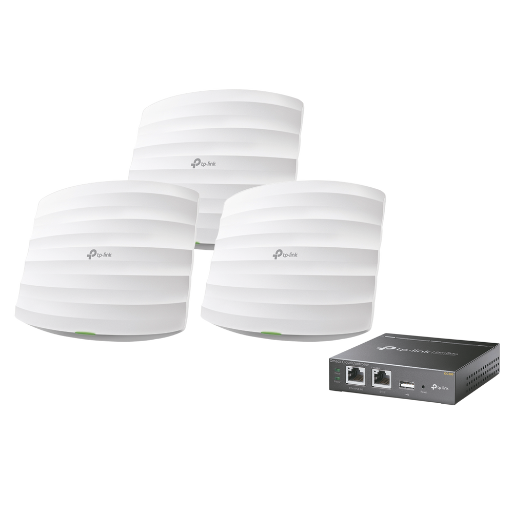 KIT de 3 Puntos de Acceso Omada y 1 controlador, 802.11 b/g/n (2.4 GHz), hasta 300 Mbps, alimentación PoE pasivo, para montaje en techo, soporta hasta 50 clientes.