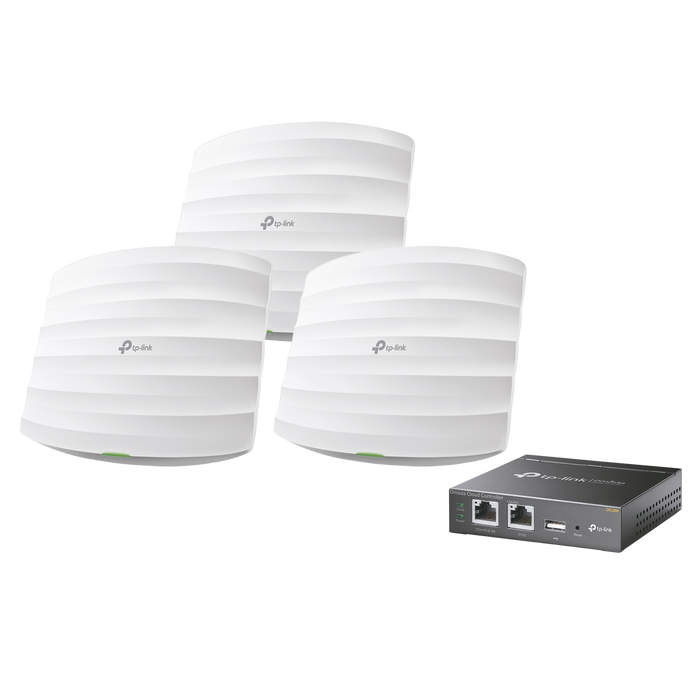 KIT de 3 Puntos de Acceso Omada y 1 controlador, 802.11 b/g/n (2.4 GHz), hasta 300 Mbps, alimentación PoE pasivo, para montaje en techo, soporta hasta 50 clientes.