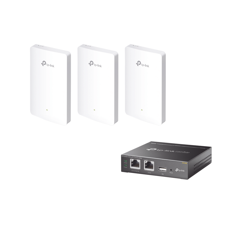 Kit de 3 Puntos de acceso Omada, 1 Controlador, doble banda 802.11ac, PoE 802.3af/at, MU-MIMO, MIMO 2x2 diseño placa de pared con tres puertos adicionales, soporta hasta 100 clientes.