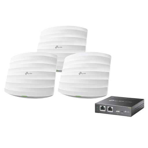 Kit de 3 Puntos de Accesso Omada y 1 Controlador, doble banda 802.11ac, MU-MIMO, PoE af y PoE Pasivo, soporta hasta 100 clientes, hasta 1350 Mbps.