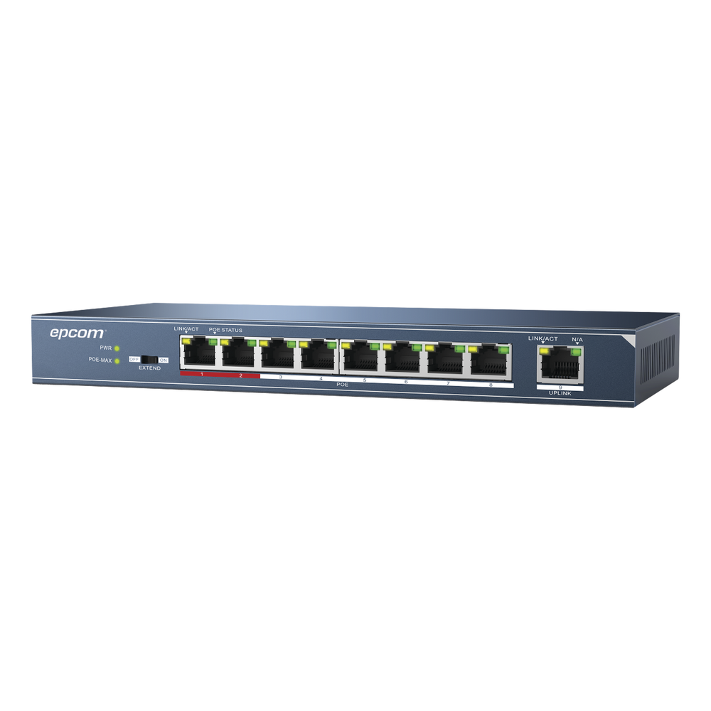 Switch PoE+ / 250m PoE LARGA DISTANCIA / 8 puertos 802.3af/at (30W) 10/100 Mbps + 1 puerto 10/100