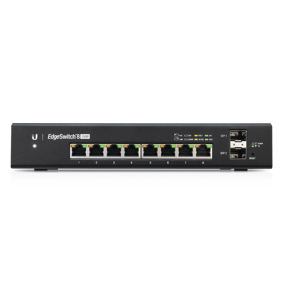 Switch EdgeMAX Administrable de 8 Puertos Gigabit con PoE+/PoE Pasivo 24V + 2 Puertos SFP, 150 W