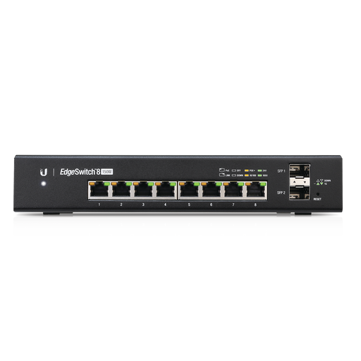 Switch EdgeMAX Administrable de 8 Puertos Gigabit con PoE+/PoE Pasivo 24V + 2 Puertos SFP, 150 W