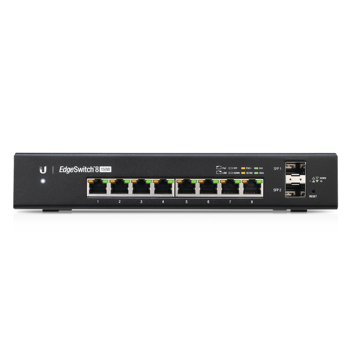 Switch EdgeMAX Administrable de 8 Puertos Gigabit con PoE+/PoE Pasivo 24V + 2 Puertos SFP, 150 W