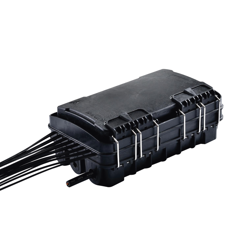 Caja de Distribución de Fibra Óptica, Hasta 24 Empalmes, con 16 acopladores SC/APC simplex, Exterior IP65, Color Negro