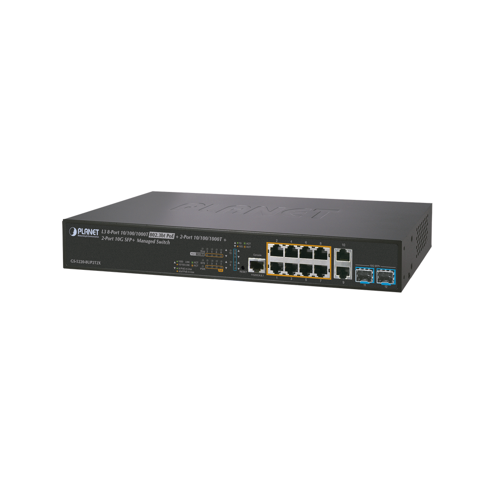 Switch Administrable L3 8 puertos 10/100/1000 Mbps c/PoE 802.3bt 75 watts, 2 puertos Gigabit uplink, 2 puertos 10G SFP+