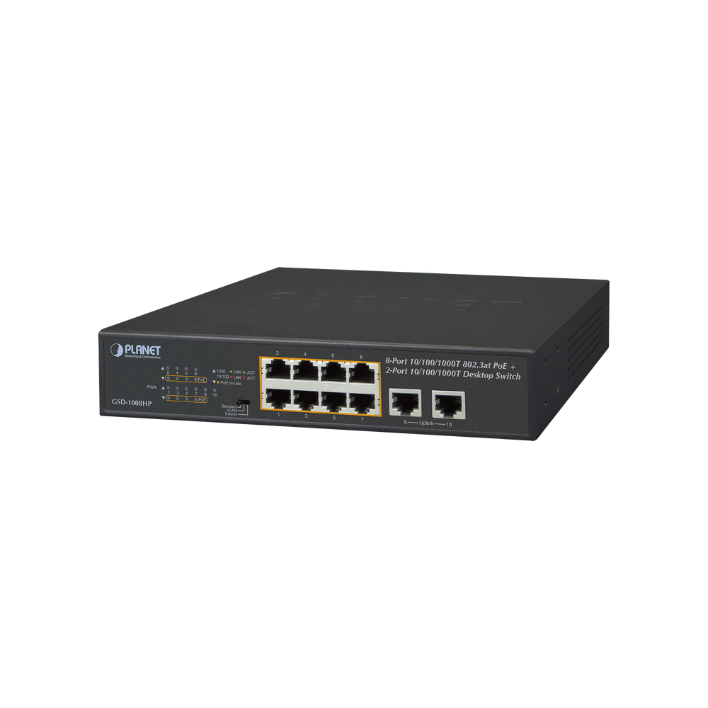 Switch no administrable PoE de 8 puertos 10/100/1000 Mbps con PoE 802.3af/at