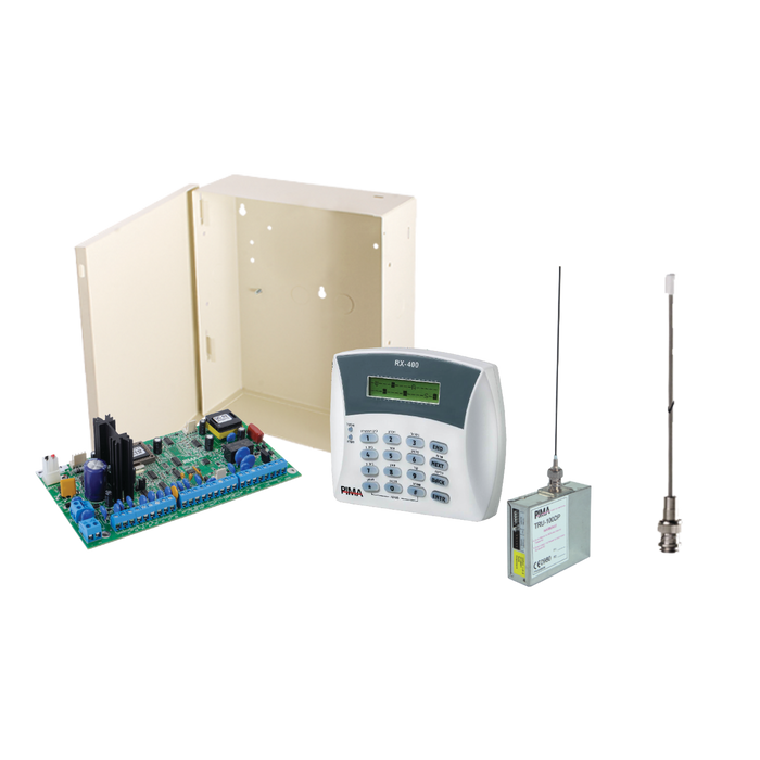 Kit de panel de Alarma 8-16Zonas y comunicador Radio UHF 470-510MHz. Incluye teclado Programador y Gabinete