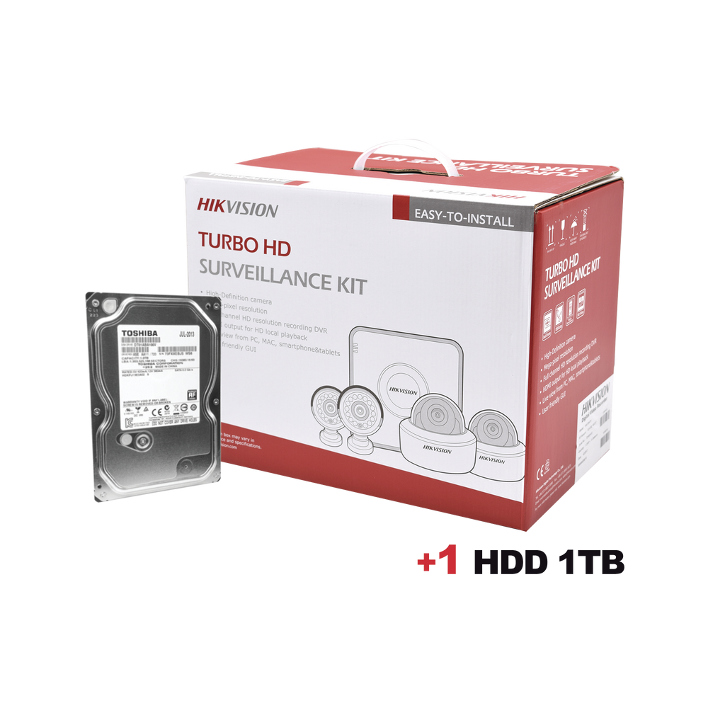 KIT TurboHD 1080p + Disco duro 1 TB / Hik-Connect / DVR 4 Canales / 4 Cámaras Bala / Cables / Fuente de Poder Profesional