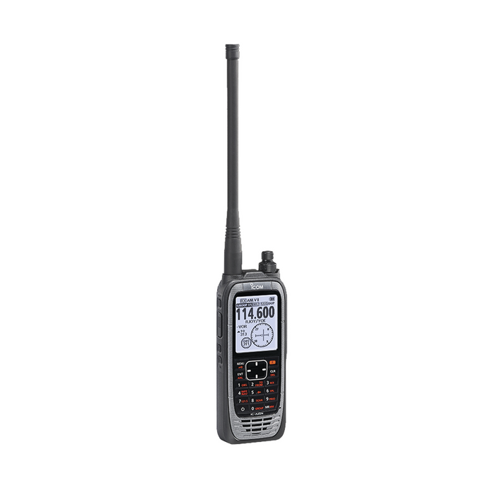 Radio portátil aéreo VHF con display de 2.3 pulgadas y teclado, 6W (PEP) de potencia, navegación, bluethooth y GPS, batería, cargador, antena y clip incluidos