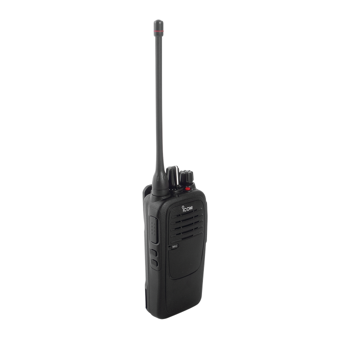 Radio portátil analógico, 4W de potencia, 16 canales, sumergible IP67, rango de frecuencia 450-512 MHz, hombre caído y trabajador solitario incluido. Incluye Batería, antena, cargador y clip