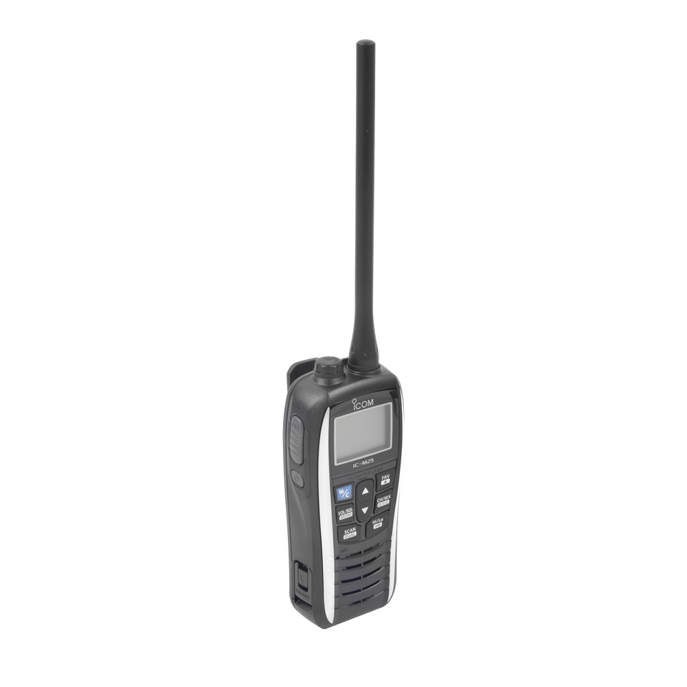 Radio portátil marino color perla, Rx: 156.050-163.275MHz Tx: 156.025-157.425MHz, 550mW de salida de audio, IPX7 sumergible, batería de 1500mAh incluye bateria, cargador, antena y clip.