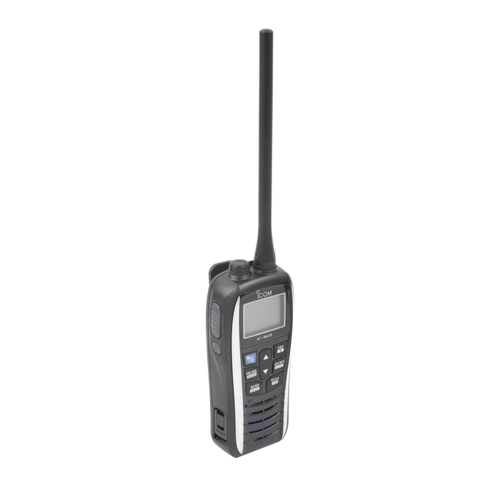 Radio portátil marino color perla, Rx: 156.050-163.275MHz Tx: 156.025-157.425MHz, 550mW de salida de audio, IPX7 sumergible, batería de 1500mAh incluye bateria, cargador, antena y clip.