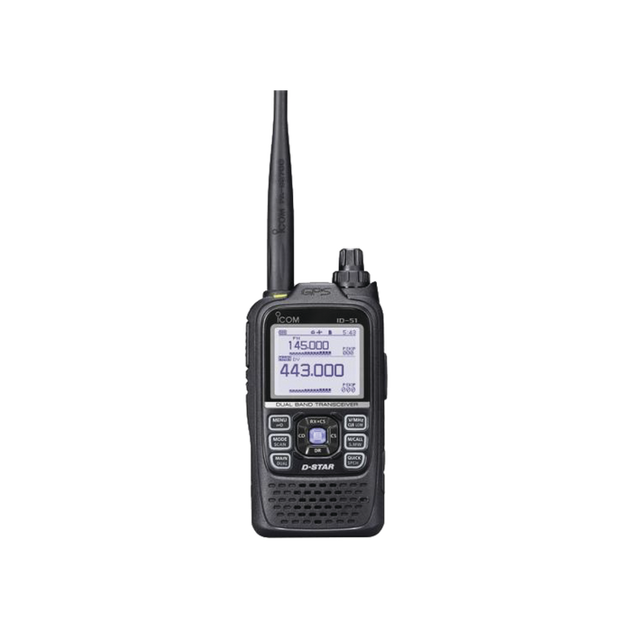 Radio portátil D-STAR doble banda VHF/UHF, con 5W de potencia, 1304 canales, sumergible IPX7. Incluye antena, batería, cargador, soft de prog y cable de datos