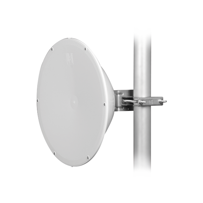 Antena direccional de 1 ft, Ganacia de 24.5 dBi, Amplio rango de frecuencia (4.9 - 6.4 GHz), 2 conectores N-Hembra, aislamiento al ruido, Montaje galvanizado, Radomo Integrado