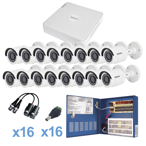 KIT TurboHD 720p / Incluye DVR 16 Ch / 16 cámaras balas (interior - exterior 3.6 mm) / Transceptores / Conectores / Fuente de poder profesional Heavy Duty 20A, Hasta 15Vcd para Larga Distancia