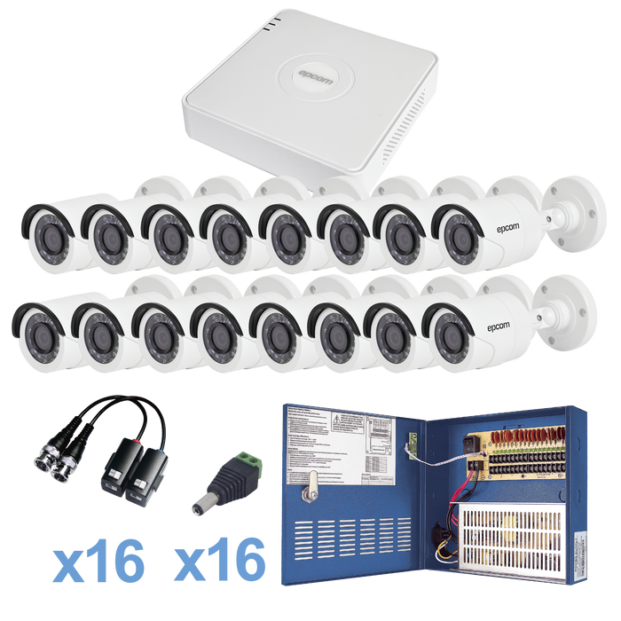 KIT TurboHD 720p / Incluye DVR 16 Ch / 16 cámaras balas (interior - exterior 3.6 mm) / Transceptores / Conectores / Fuente de poder profesional Heavy Duty 20A, Hasta 15Vcd para Larga Distancia