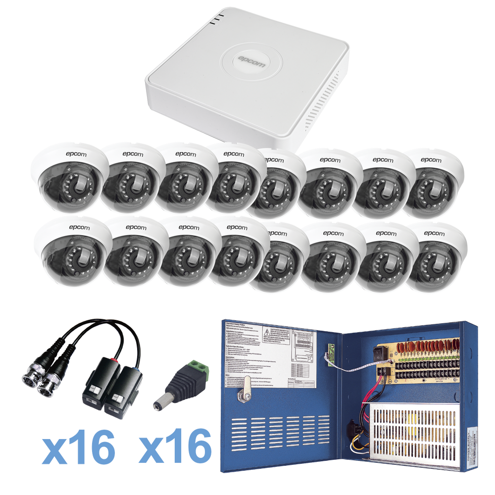 KIT TurboHD 720p / Incluye DVR 16ch / 16 cámaras domo 2.8mm / Transceptores / Conectores / Fuente de poder profesional Heavy Duty 20A, Hasta 15Vcd para Larga Distancia.