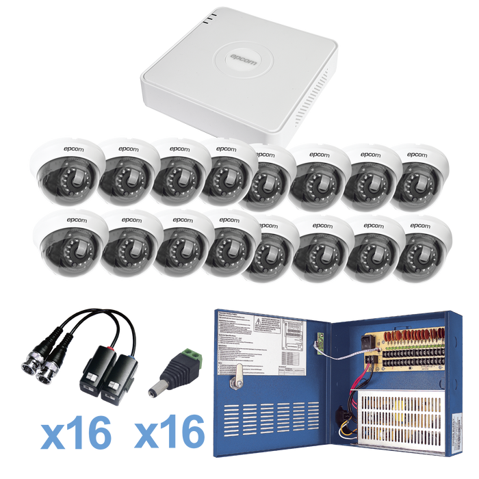 KIT TurboHD 720p / Incluye DVR 16ch / 16 cámaras domo 2.8mm / Transceptores / Conectores / Fuente de poder profesional Heavy Duty 20A, Hasta 15Vcd para Larga Distancia.