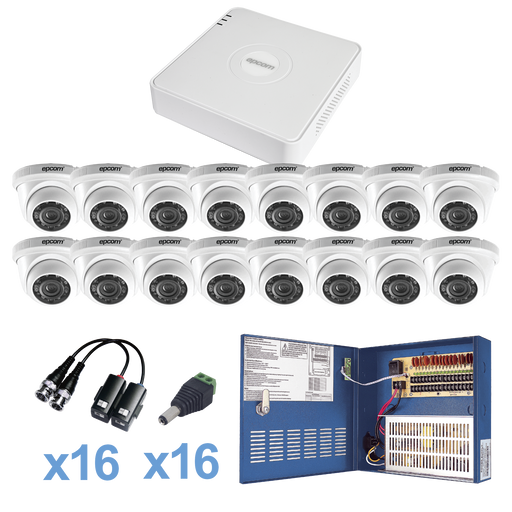 KIT TurboHD 720p / DVR 16 Canales / 16 Cámaras Eyeball (interior 3.6mm) / Transceptores / Conectores / Fuente de Poder Profesional