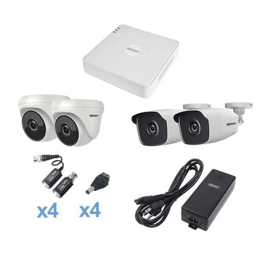 KIT TurboHD 720p / DVR 4 Canales / 2 Cámaras Bala (exterior 2.8 mm) / 2 Cámaras Eyeball (interior 2.8 mm) / Transceptores / Conectores / Fuente de Poder Profesional