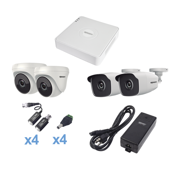 KIT TurboHD 720p / DVR 4 Canales / 2 Cámaras Bala (exterior 2.8 mm) / 2 Cámaras Eyeball (interior 2.8 mm) / Transceptores / Conectores / Fuente de Poder Profesional