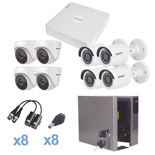 KIT TurboHD 720p / DVR 8 Ch / 4 Cámaras Bullet ( exterior 3.6 mm ) / 4 Cámaras Eyeball (interior 3.6mm ) / Transceptores / Conectores / Fuente de Poder Profesional