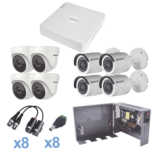 KIT TurboHD 720p / Incluye DVR 8Ch / 4 Cámaras Bullet (exterior 3.6 mm) / 4 Cámaras Domo (interior 2.8 mm) / Transceptores / Conectores / Fuente de poder profesional, Hasta 15 Vcd para Larga Distancias