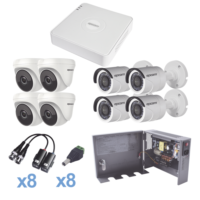 KIT TurboHD 720p / Incluye DVR 8Ch / 4 Cámaras Bullet (exterior 3.6 mm) / 4 Cámaras Domo (interior 2.8 mm) / Transceptores / Conectores / Fuente de poder profesional, Hasta 15 Vcd para Larga Distancias