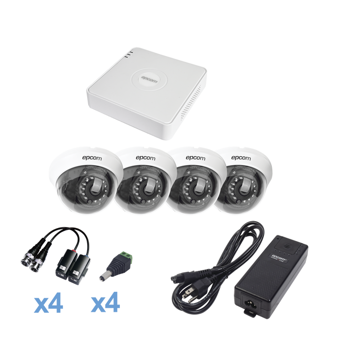 KIT TurboHD 720p / DVR 4 Canales / 4 cámaras Domo (interior 2.8 mm) / Transceptores / Conectores / Fuente de Poder Profesional