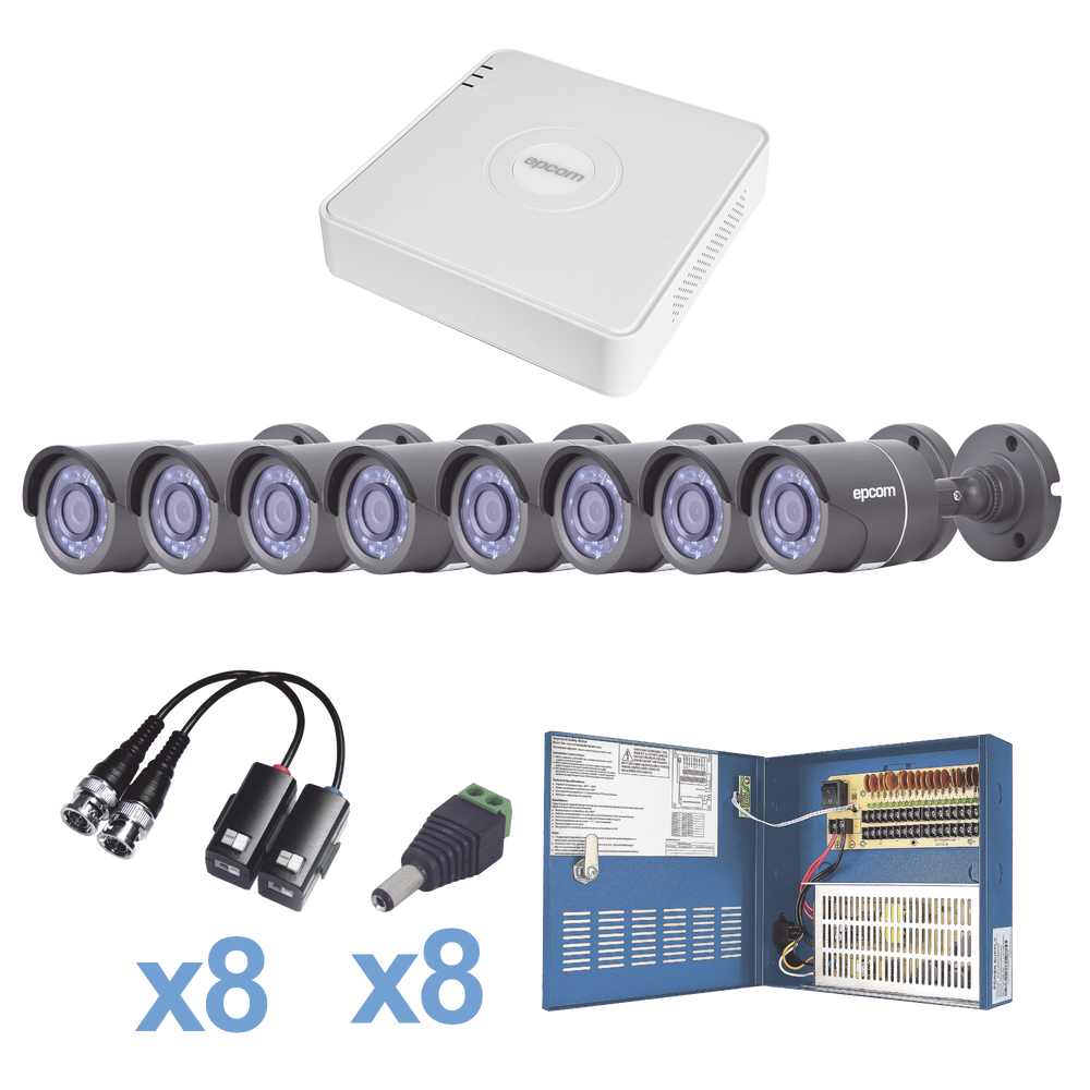 KIT TurboHD 720p / Incluye DVR 8 Ch / 8 Cámaras Balas (exterior 3.6 mm) / Conectores / Transceptores / Fuente de Poder Profesional hasta 15 Vcd para Larga Distancia