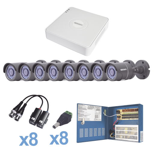 KIT TurboHD 720p / Incluye DVR 8 Ch / 8 Cámaras Balas (exterior 3.6 mm) / Conectores / Transceptores / Fuente de Poder Profesional hasta 15 Vcd para Larga Distancia