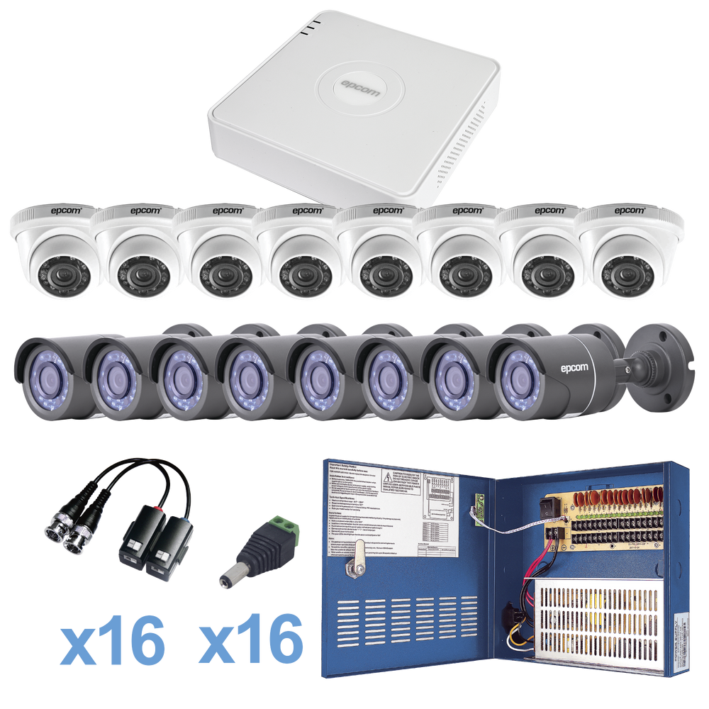 KIT TurboHD 720p / DVR 16 Canales / 8 Cámaras Bala (exterior, gran angular) / 8 Cámaras Eyeball / Transceptores / Conectores / Fuente de poder profesional Heavy Duty 20A, Hasta 15Vcd para Larga Distancia