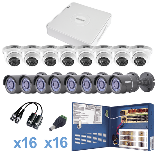 KIT TurboHD 720p / DVR 16 Canales / 8 Cámaras Bala (exterior, gran angular) / 8 Cámaras Eyeball / Transceptores / Conectores / Fuente de poder profesional Heavy Duty 20A, Hasta 15Vcd para Larga Distancia