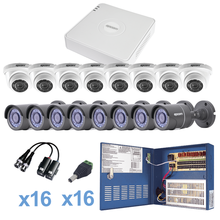 KIT TurboHD 720p / DVR 16 Canales / 8 Cámaras Bala (exterior, gran angular) / 8 Cámaras Eyeball / Transceptores / Conectores / Fuente de poder profesional Heavy Duty 20A, Hasta 15Vcd para Larga Distancia