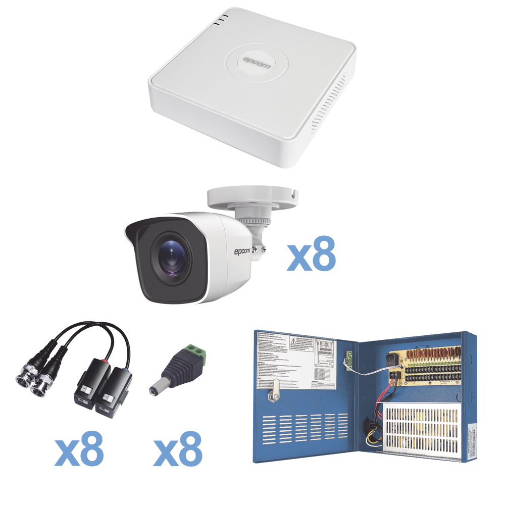 KIT TurboHD 720p / Incluye DVR 8 Ch / 8 Cámaras Balas (exterior 2.8 mm) / Conectores / Transceptores / Fuente de Poder Profesional hasta 15 Vcd para Larga Distancia