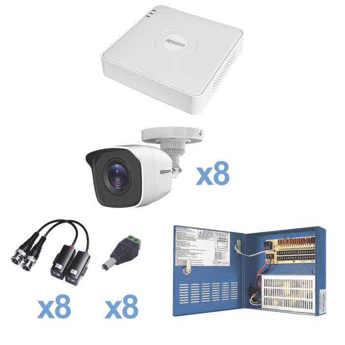 KIT TurboHD 720p / Incluye DVR 8 Ch / 8 Cámaras Balas (exterior 2.8 mm) / Conectores / Transceptores / Fuente de Poder Profesional hasta 15 Vcd para Larga Distancia