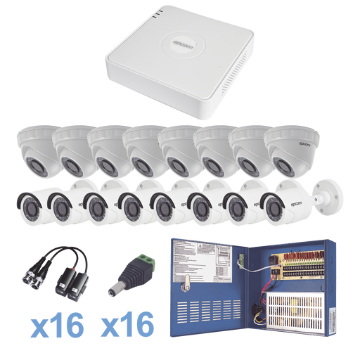 KIT TurboHD 720p / DVR 16 Canales / 8 Cámaras Bala (exterior 3.6 mm) / 8 Cámaras Eyeball (interior 3.6 mm) / Transceptores / Conectores / Fuente Heavy Duty 20A, Hasta 15Vcd para Larga Distancias