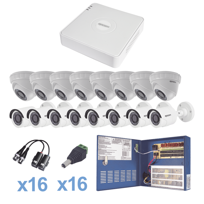 KIT TurboHD 720p / DVR 16 Canales / 8 Cámaras Bala (exterior 3.6 mm) / 8 Cámaras Eyeball (interior 3.6 mm) / Transceptores / Conectores / Fuente Heavy Duty 20A, Hasta 15Vcd para Larga Distancias