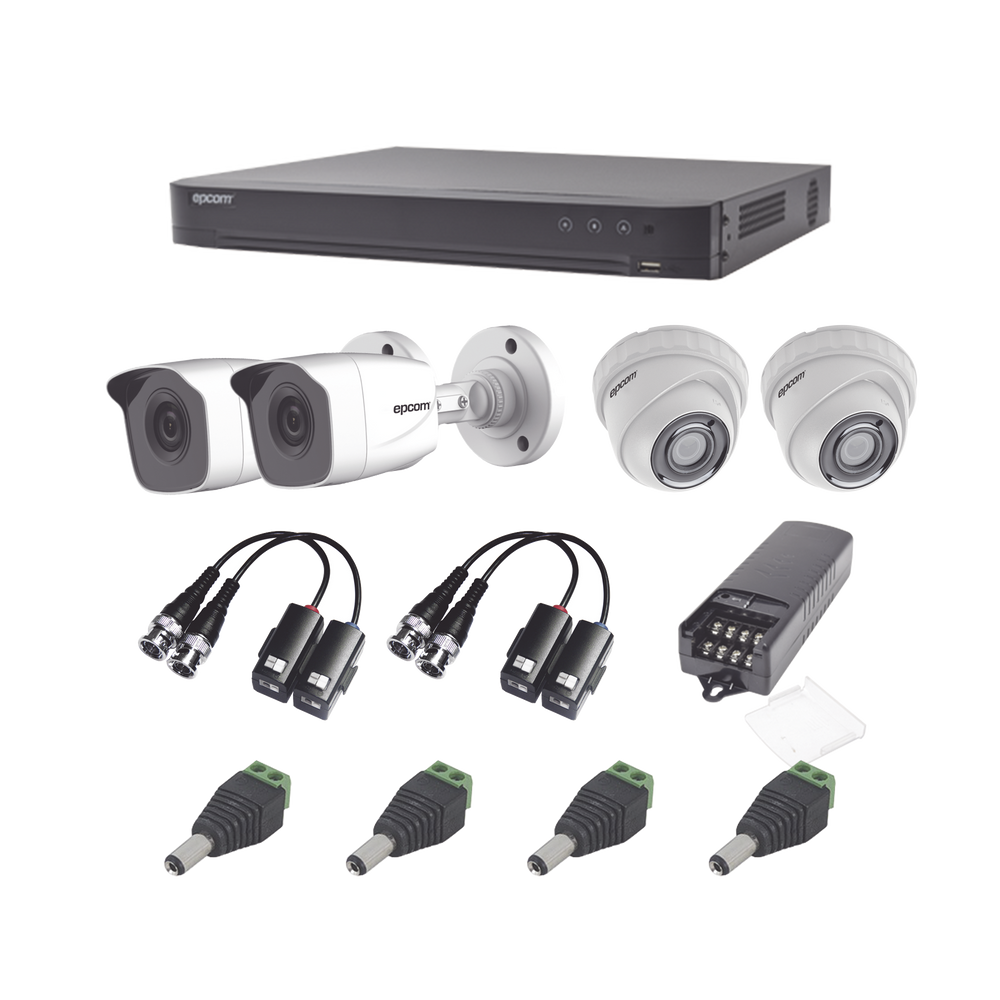 KIT TurboHD 1080p / DVR 4 Canales / 2 Cámaras Bala (exterior 2.8 mm) / 2 Cámaras Eyeball (exterior 2.8 mm) / Transceptores / Conectores / Fuente de Poder Profesional